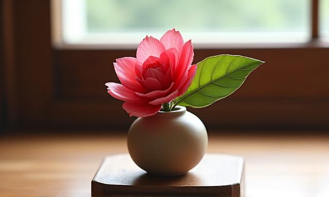 椿の花があしらわれた小さな花瓶